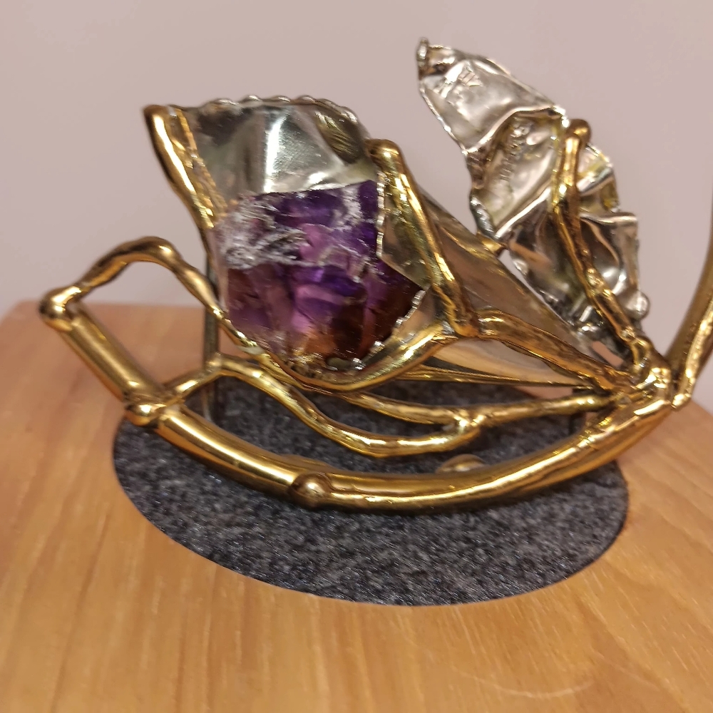 Vtg 1970s JUTRA’S Brazil Brutalist Sculptural Floral Amethyst Bronze Belt BUCKLE